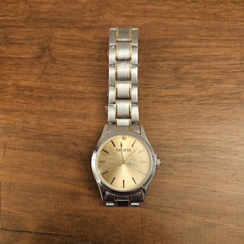 Geneva Silver Tone Metal w/Gold Tone Band Gold Dial Watch Needs New Battery